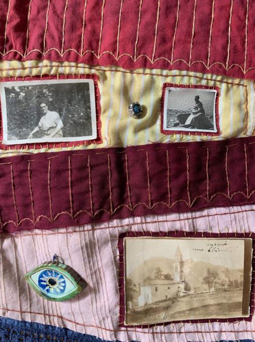 maldecorum:florence tapestry using old clothes, various trinkets, and vintage italian photos i found