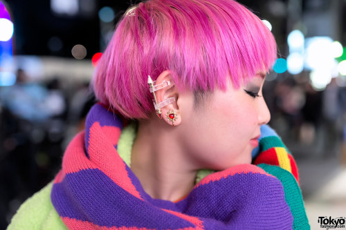 Pink-haired Japanese florist Nonoko on the street in Harajuku with a Patricia Field jacket, House of