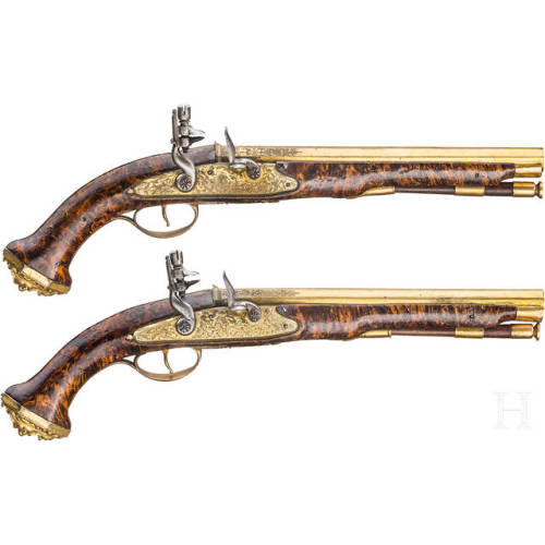 A Pair Of Brass Barreled Flintlock Pistols Crafted By Felix Werder Of Zurich, Switzerland, Circa 1660.