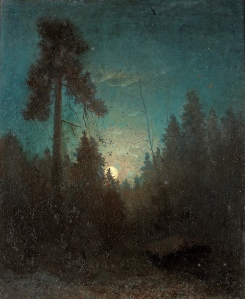 Månsken med uppskjutande tall / Tall pine and rising moon.c.1871-1875.Relined on Canvas.55.5 x 46 cm