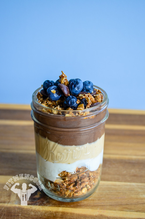 Gaspari ISOFusion Peanut Butter, Coffee & Chocolate Protein & Hemp Granola Parfait with blue