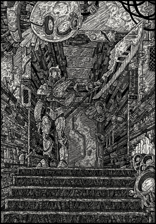 Black and white drawing.
A humanoid robot stands at the top of some stairs in front of the entrance to a building, behind them a short corridor leads to a closed door.
The robot is holding a spear-like weapon in one of their hands.