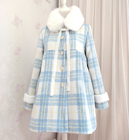  Baby Blue Lattice Woolen Dolly Coat 