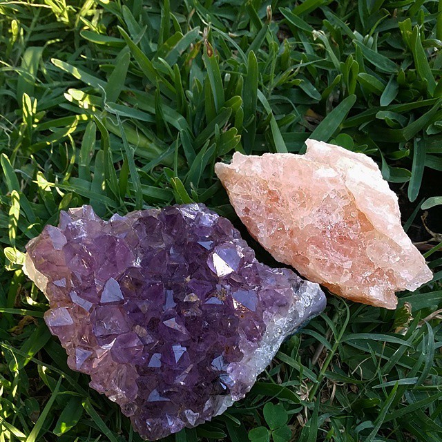 medievalwitch:  Amethyst cluster my mom just got and some raw Morganite i recently