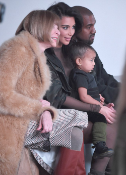 kimkardashianfashionstyle:  February 12, 2015 - Kim Kardashian, Anna Wintour and Kanye &amp; North West at the Kanye West/Adidas Fall 2015 Fashion Show in NYC.   