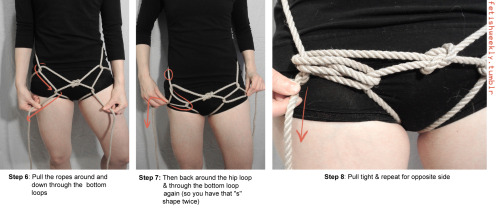 fetishweekly:fetishweekly:Shibari Tutorial: the Hip HarnessYou’ll just need 30’ of rope for this one