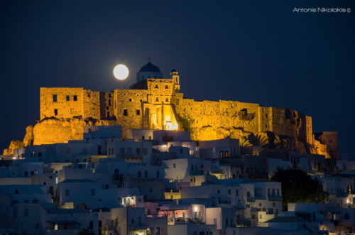 Chora of Astypalea island at night, Dodecanese, Greece