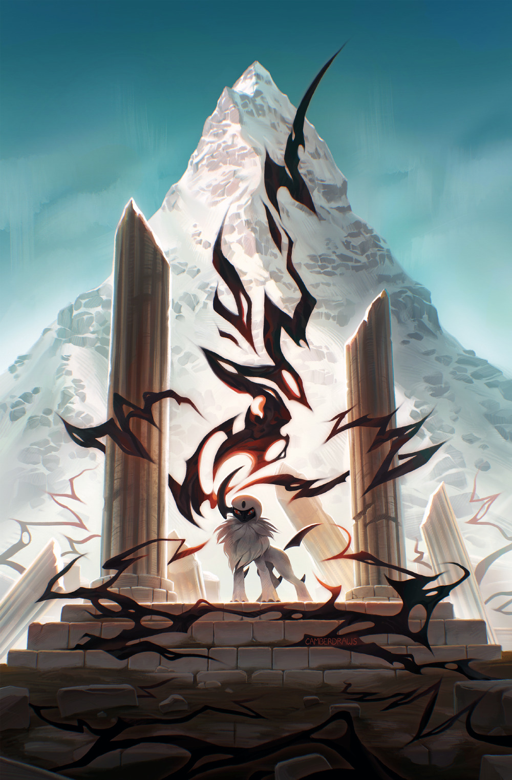 “Curious happenings have been spotted atop Mt. Coronet…”
This painting was done for Eclipse: A Dark Type Pokemon Zine! I was very happy to be given the opportunity to illustrate one of my favorite Pokemon 🖤