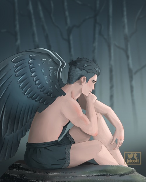 jnlostt:Day 3 of otayuriadvent 2021  Angel AU part 1 of 2  Otabek sits quietly in the shadows admiring the beauty bathing in the light. “One day,” he thinks, “I’ll get close enough to share the light with him.”  See the full set of other