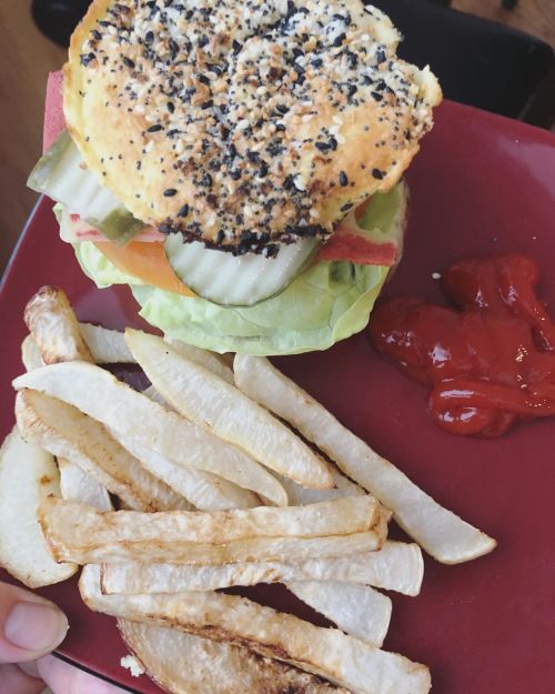 Veggie burgers again. I’m experimenting with my turnip fries, and these are a lot closer to home fri