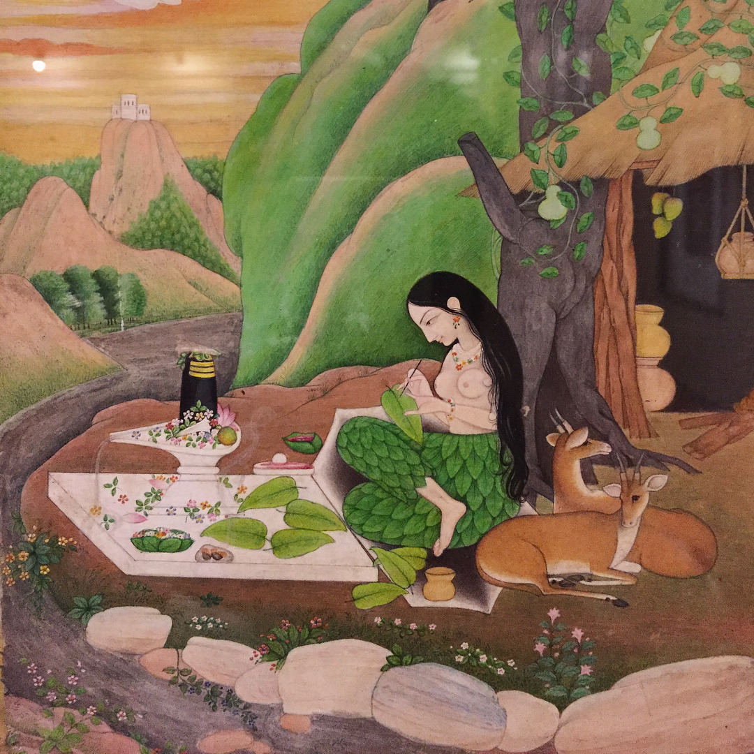 swapnil1690: Yogini accompanied with Does sitting next to a Shiv shrine. Wearing