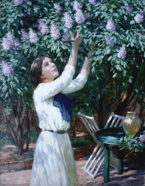 huariqueje:Vilma picking Lilacs  -   Šimon Tavík František, c.1910.Czech, 1877-1942oil on canvas,  9