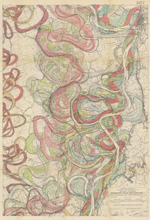 Harold Fisk, maps of the Mississippi, 1944. From Southern Illionis to Southern Louisiana. Via radica