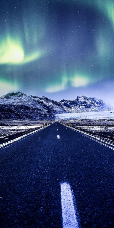 Aurora Borealis, Northern Lights, highway, road, winter, 1080x2160 wallpaper @wallpapersmug : https: