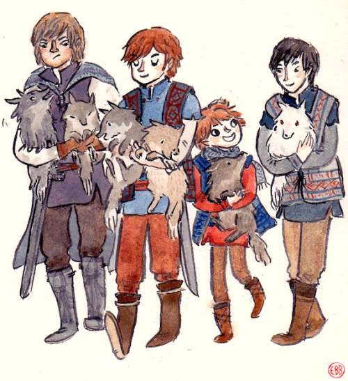 beastlyworlds:Little Starks and newly met little direwolves. Also a sulky Theon.I just like drawing 