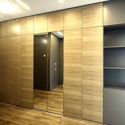 Contemporary Closet - Flat Panel A Large, Modern Walk-in Closet With Flat-panel Cabinets And Medium-tone