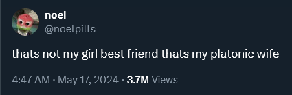 tweet from @noelpills saying: thats not my girl best friend thats my platonic wife