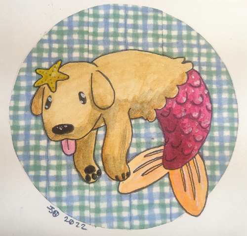 Watercolor &amp; ink merpup with a washi tape circle for a bg.