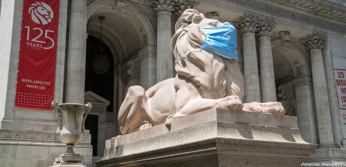 PATIENCE & FORTITUDE:  Library Lions Wear MasksNot to be outdone by the Rockefeller Center statu