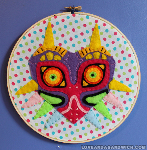 loveandasandwich:Custom order Majora’s Mask embroidery hoop finished!  So many pieces, so many color