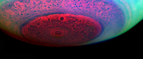 astronomyblog:  Saturn’s atmosphere exhibits a banded pattern similar to Jupiter’s, but Saturn’s bands are much fainter and are much wider near the equator. The nomenclature used to describe these bands is the same as on Jupiter. Saturn’s finer