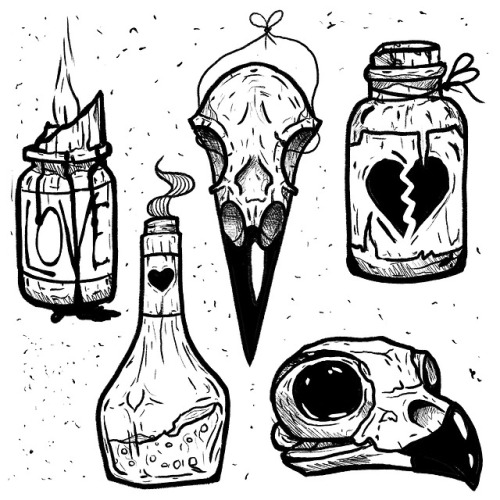 Bottles and skulls tattoo flash. Email rowanivordraws@gmail.com to book