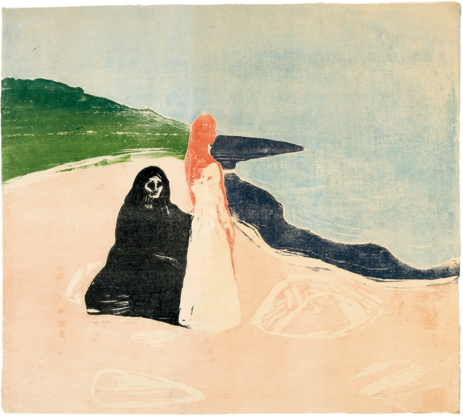 solarsisterss:  Two women on the shore (woodcut, 1898) Edvard Munch 