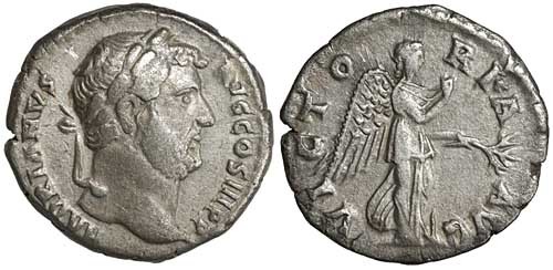 Roman coin depicting emperor Hadrianus and Victory-Nemesis