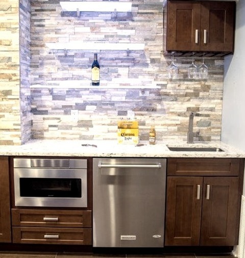 New York Home Bar Galley Large Contemporary Galley Porcelain Tile Wet Bar Design Featuring An Undermount
