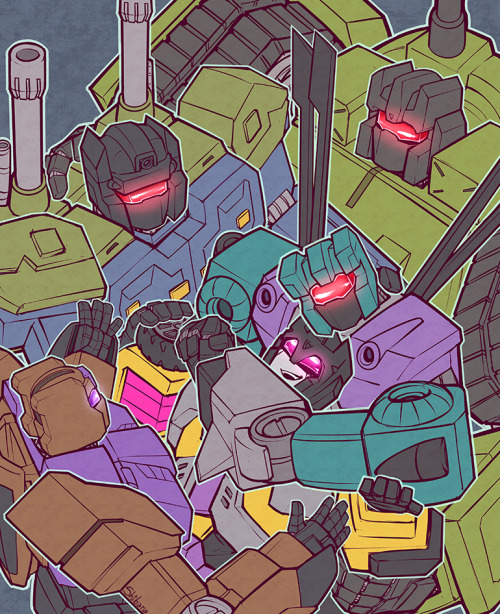 warlordenfilade:  shibara:  Commission for anonnie, portraying the Combaticons having happily found Swindle and smooshing him in a group hug. There’s also a no-mask version, for added smile appreciation. This was a rally nice idea to work on in these