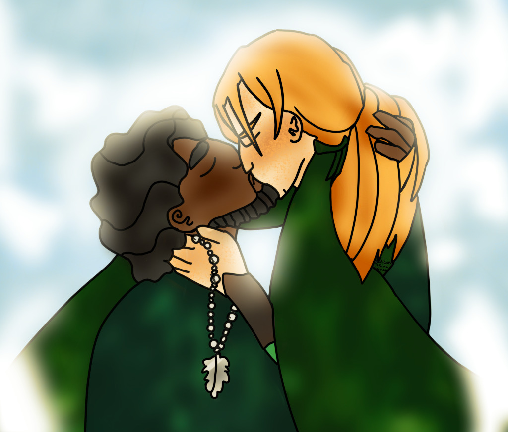 a digital painting of halt and crowley from ranger’s apprentice, set several years before the main series. halt has warm brown skin and short wavy black hair, and crowley has warm pale skin and light orange hair in a ponytail. they are kissing, and crowley is holding halt’s oakleaf necklace. halt is running a hand through crowley’s hair, and the background is a pale blue sky with clouds.