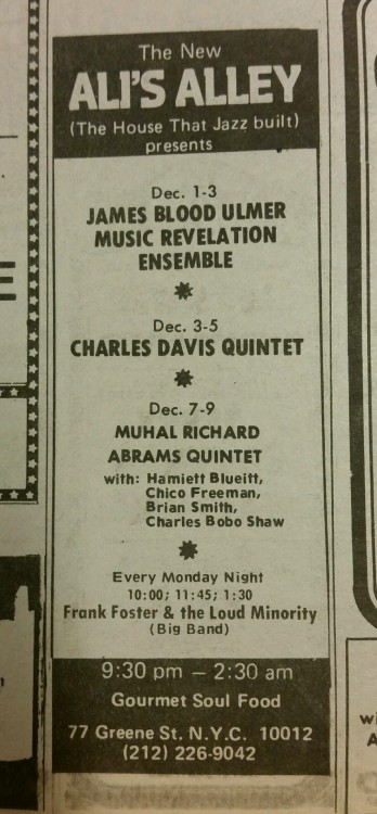 Jazz listing in the SoHo Weekly News, NYC, mid 1970s