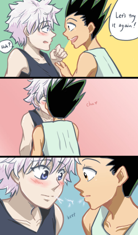 ame-gafuru:  killua’s kisses are full of sparks <3 (read right to left) 