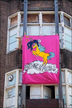 fuckyeahanarchistbanners:  ‘Anything is possible” ACAB unicorn banner, during an eviction of squats in Amsterdam. 