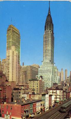 vintagemanhattanskyline:  The Chanin Building (Sloan &amp; Robertson, 1928), at left and the 77-story Chysler Building (William Van Allen, 1930) at right, above old 19th Century brownstones, with the Third Avenue EL (bottom right), in fall 1947.Photo: