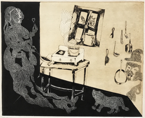 wtxch: Francisco Toledo (Mexican, 1940–2019)Woman and Cat in Kitchen, 1985Etching