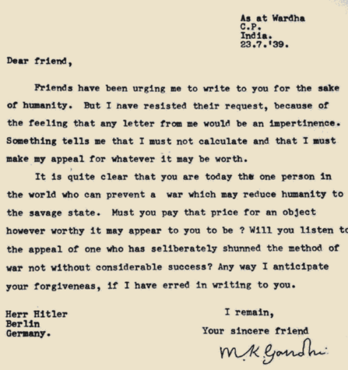 Gandhi's Letter To Adolf Hitler, 1939