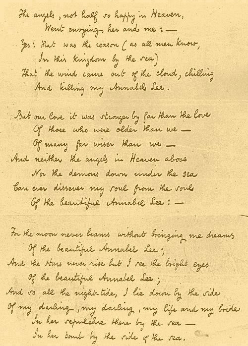 free-parking:Edgar Allan Poe’s manuscript for “Annabel Lee,” published in 1849, the year of his deat