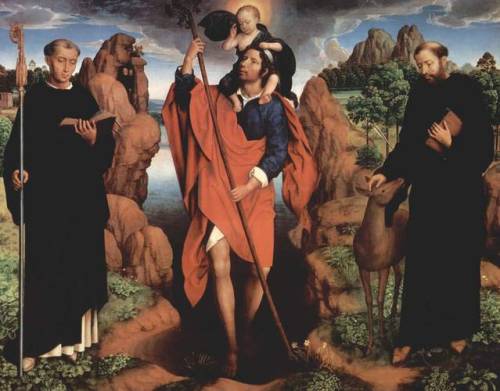 artist-memling:The triptych of Willem Moreel, middle panel Saint Christopher with Saint Maurus of Gl