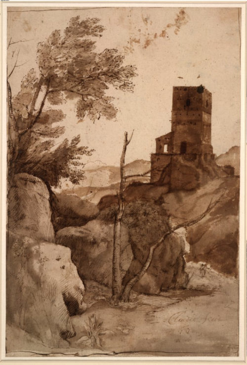 Claude Lorrain: Landscape with a tower; c.1640Pen and brown ink, brown wash, over black chalkThe Bri