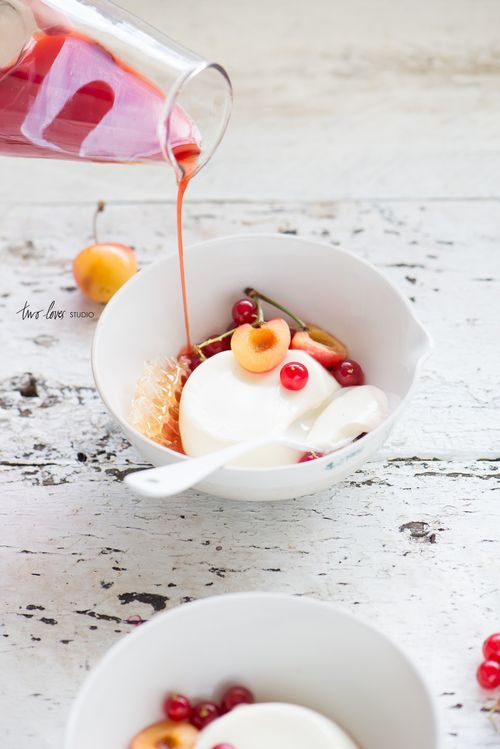 Honey Buttermilk Creams with Red Currants, Blush Cherries & Strawberry Consomme | YUMCITY