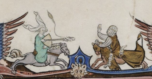 gardenvarietycrime:Women jousting with distaffs – a common theme in medieval art?