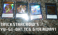 trickstarcrow:  Oh wow! This is my first giveaway! I hope you’re all as excited as I am! For this one, I’m giving away some of my Yugioh cards! This four card set includes:  Number 33 : Chronomaly Machu Mech (Ultra Rare) Number 9 : Dyson Sphere