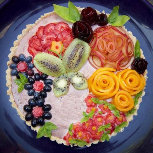 swankydesserts:Fruit tart inspired by my flower garden with home grown herbs and blueberries