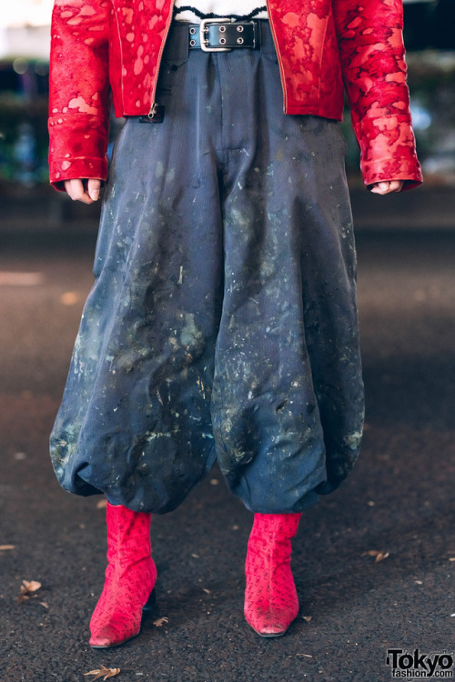 tokyo-fashion:  17-year-old Japanese student Kaoru on the street in Harajuku. He is wearing a CONTENASTORE jacket over a Hello Kitty knit sweater, paint-splattered Japanese construction pants (nikka pokka), and red heeled boots. Full Look