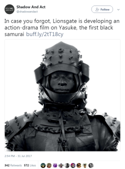 blackboyjoy: bellaxiao:    “Yasuke was a samurai of black African origin who served under the Japanese warlord Oda Nobunaga in 1581 and 1582. The name “Yasuke” was granted to him by Nobunaga, although why and when is unclear. His original name is