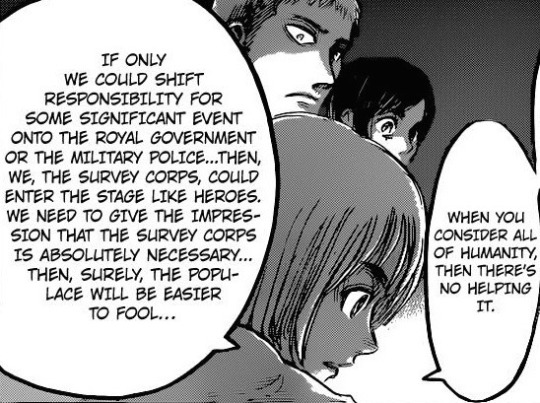 momtaku:  snkception:  No, but can I just flail about the politics of this some more? Because, okay, here we have the population being all dubious about the military and their motives:And then Rod Reiss looms over the wall in all his terrifying glory,