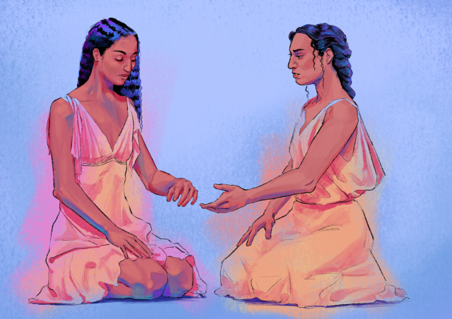 a half-finished digital painting of cassandra and iphigenia kneeling side by side. iphigenia holds out her hand and cassandra is poised to take it