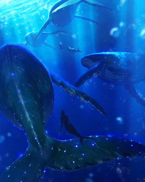 floralprintshark:tamberella:Playing undersea with the young whales! [ID: a digital illustration of w