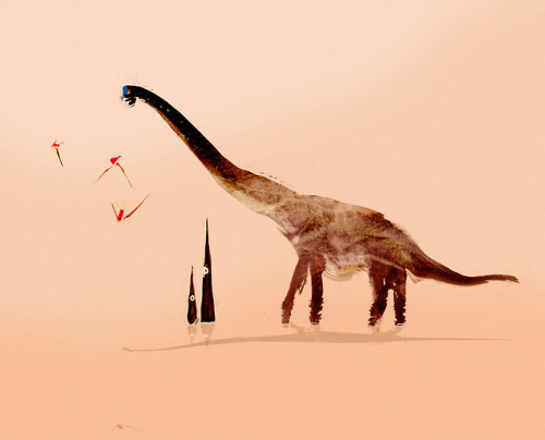 cmkosemensketchbook:Experimental painting of a Brachiosaurid sauropod and some pterosaurs in an impr